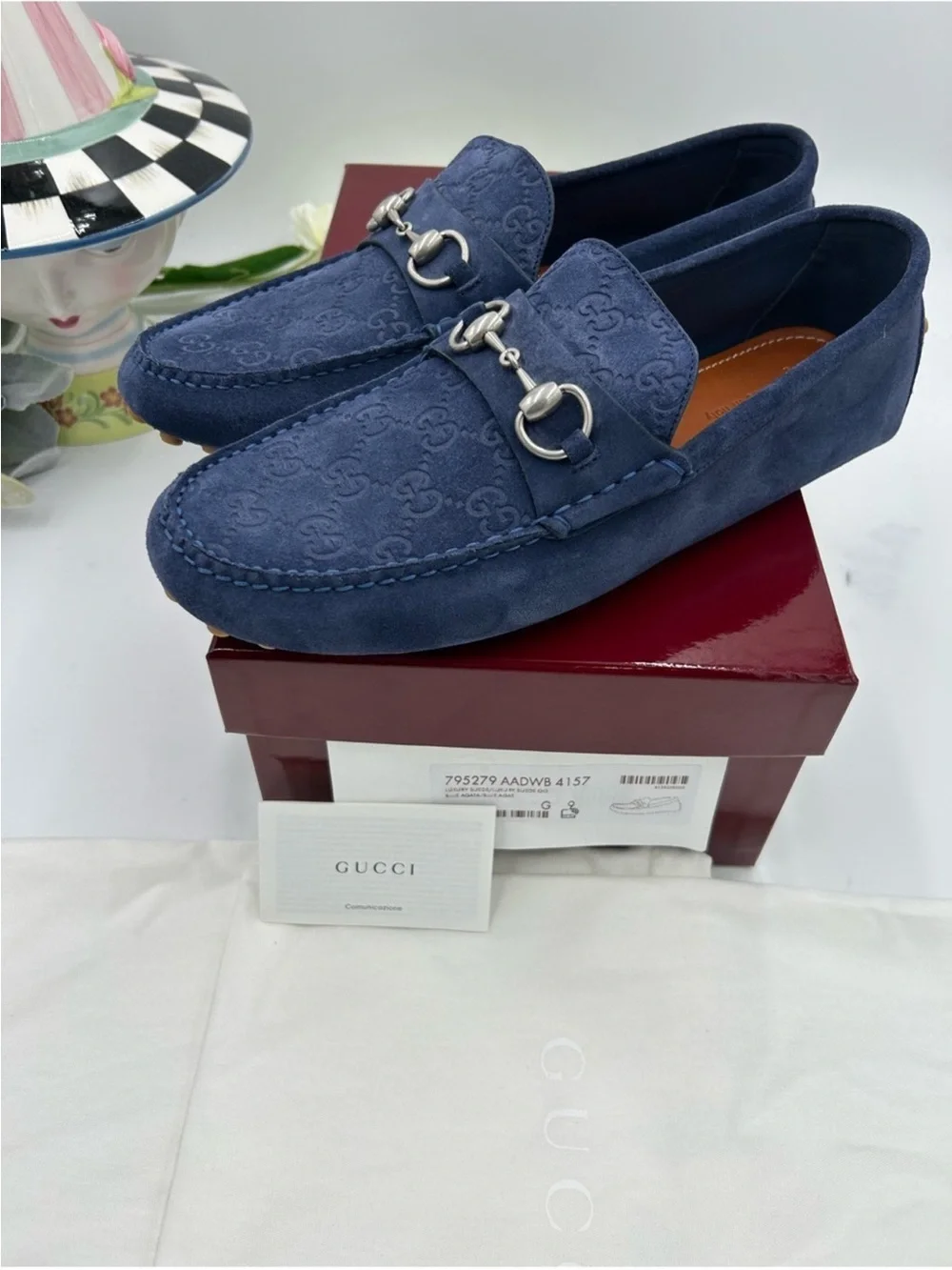 Men’s Gucci GG embossed blue suede driver loafer size 9 fits 10 US made in Italy